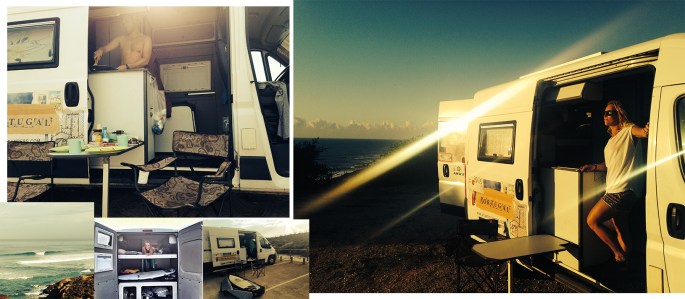 Couple surfing Portugal in September on top of a Camper Van